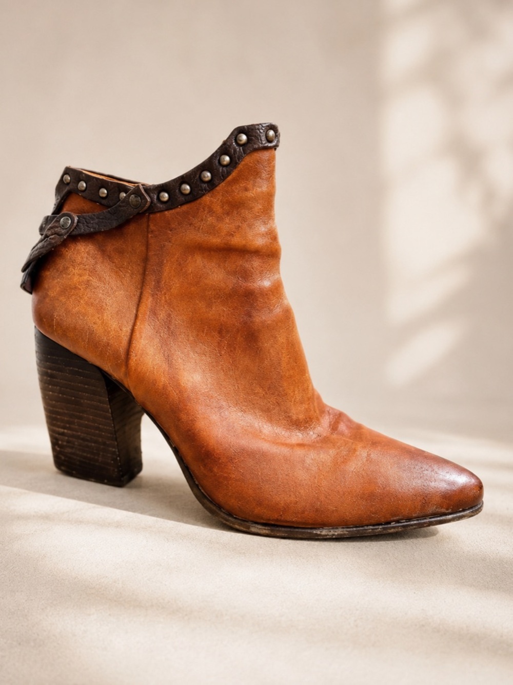 A.S.98 Studded Leather Western Booties Cognac Pointed Toe Block Heel EU 40 US 9